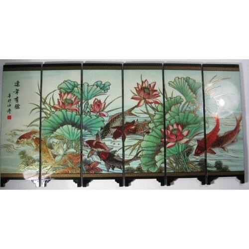 Desk decorative chinese fish and lotus 6 panel folding screen