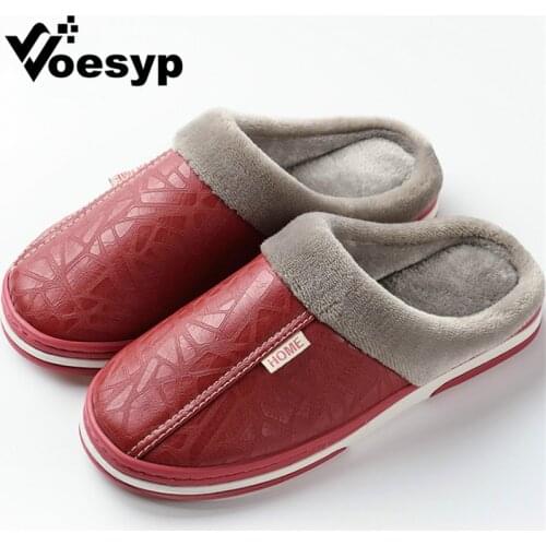 Fur Slippers Men Shoes Winter Keep Warm Casual Slippers PU Leather Waterproof Women Men Slippers Lovers Slides Indoor Mules