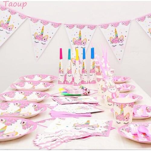Taoup 1set Unicorn Plates Tablecloth Cup Hat Napkins Unicorn Party Disposable Party Tableware Birthday Festive Party Supplies