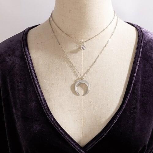 Tocona Classical Moon Pendant Neckalce for Women Clear Crystal Stone Silver Color Multi-layer Chain Choker Jewelry 18091