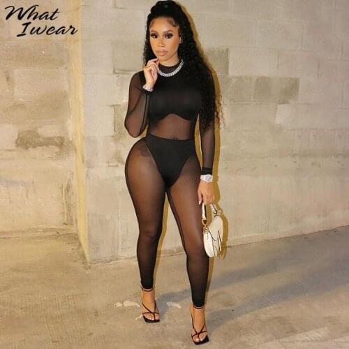 Whatiwear Lace See Through Sexy Jumpsuit Women Simple Skinny Full Sleeveless One Piece Female Sexy Overall Streetwear Clothing