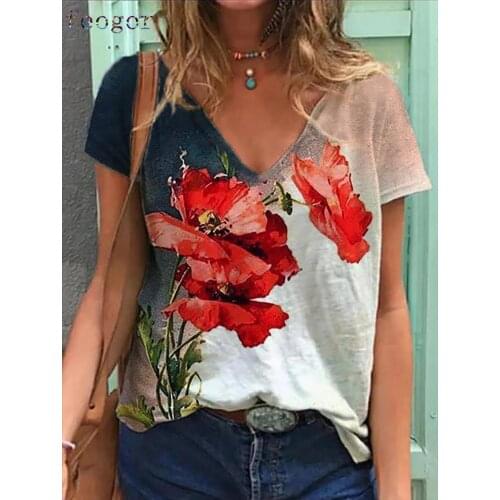 FEOGOR [Large Quantity in Stock] Amazon AliExpress Wish2021 Flower Print Casual Loose V-neck Short Sleeve T-shirt for Women