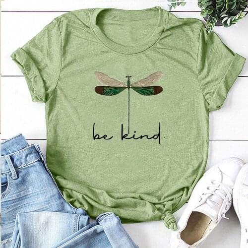 Be Kind Dragonfly Printed Women Tshirts O Neck Short Sleeve Letter Casual Loose Tee Femme T-shirts Top Mujer Clothes Woman