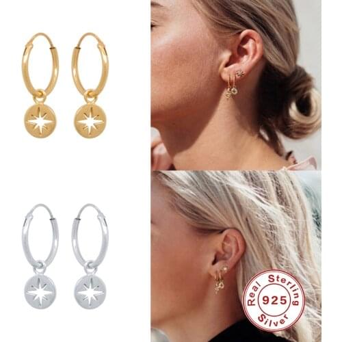 Aide Luxury Real 100% 925 Sterling Silver Round Hollow Coin Pendant Hanging Hoop Earrings for Women Punk Fine Jewelry Gift