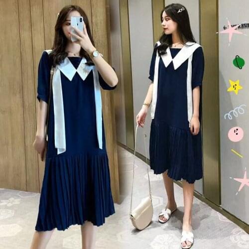 Plus Size Chiffon Dress 2020 New Spring and Summer Fashion Large Size Loose Casual Navy Style Pleated Dress Pregnant Woman K877