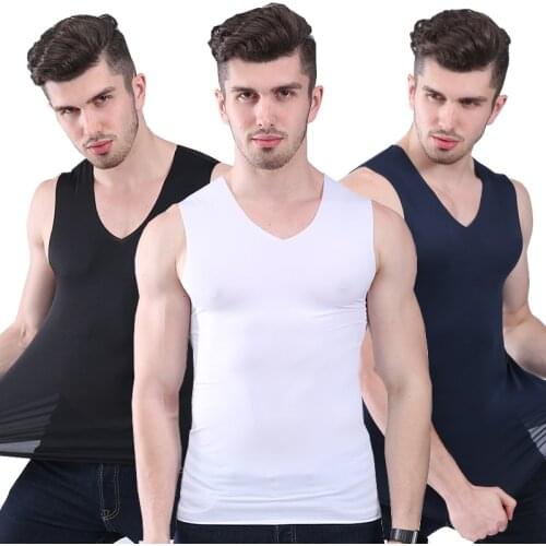 Summer Men Vest No trace of ice silk vest man slim Tight wide shoulder V-neck sleeveless undershirt men top tanks Cool breathabl