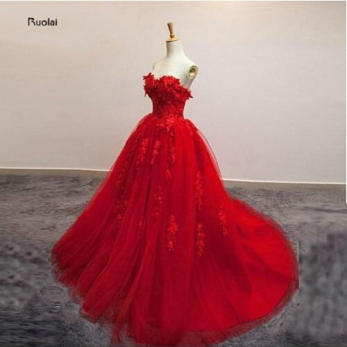 2017 New Charming Red Strapless Flowers Ball Gown Evening Dress Lace Applique Evening Gown Party Dress Prom Dress Lace Up Back