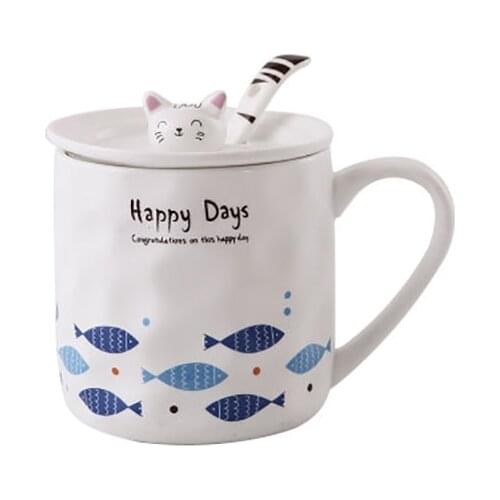 400ml Japanese Korean Style Cute Cartoon Cat Print Pattern Breakfast Milk Mugs Beautiful Ceramics Coffee Mug Cups With Lid Spoon