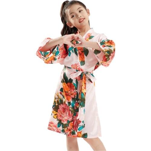 Peony Satin Pink Child Robe Short Floral Bridesmaids Robes Kimono Dressing Gowns Lounge Robe Sleepwear
