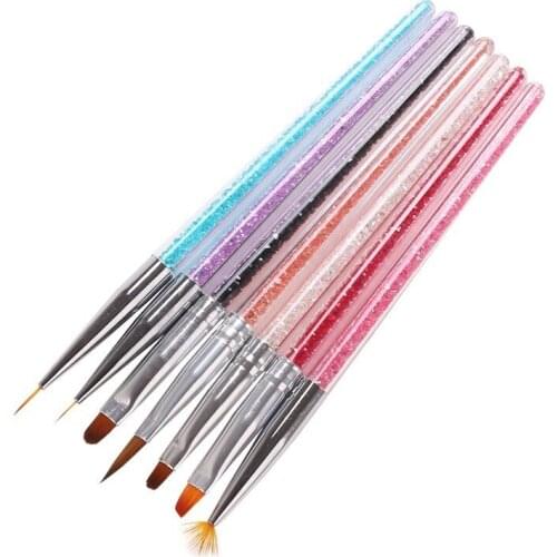 7Pcs/Set Nail Art Line Flower Painting Coating Shaping Flat Fan Angle Brush Acrylic UV GEL Extension Builder Drawing Pen Crystal