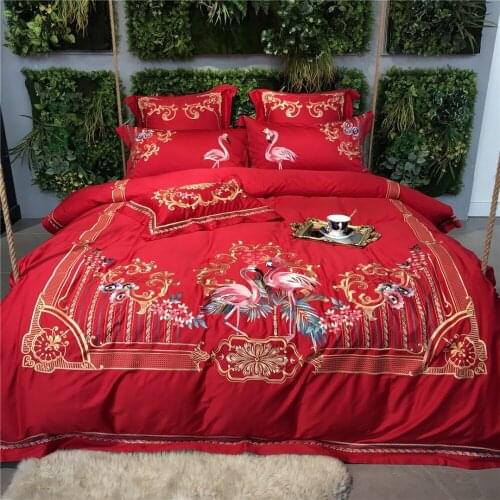 Red New 100S Egyptian Cotton Luxury Embroidery Royal Bedding Set King Queen Wedding Bed Sheet Cover set Duvet Cover 4/6pc Purple