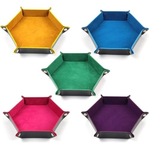 PU Leather Velvet Folding Hexagon Dice Tray Collapsible Rolling Board Game Storage Box Home Sundries Storage Tray 17.5cm