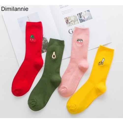Fashion Women Girls Autumn Winter cotton socks female retro Lovely fruit embroidered long socks
