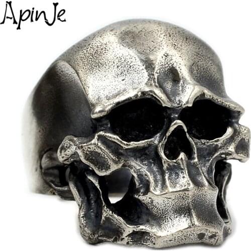 Apinje S925 Sterling Silver Vintage Thai Silver Skull Ring for Men Male Punk Hip Hop Rock Jewelry
