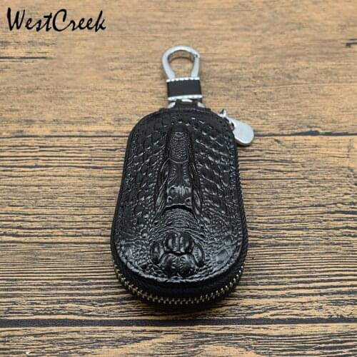 WESTCREEK Brand Genuine Leather Retro Crocodile Pattern Men Zipper Car Key Wallets Women Cowhide Key Holder Organizer Keychain
