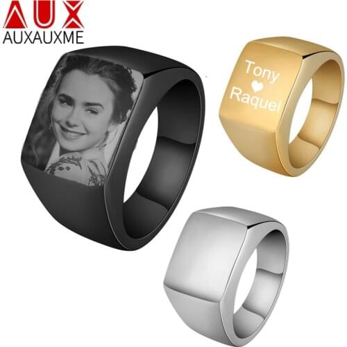 Auxauxme Stainless Steel Customized Engrave Name Picture Lovers Couple Rings Promise Cool Ring For Women Men Engagement Jewelry