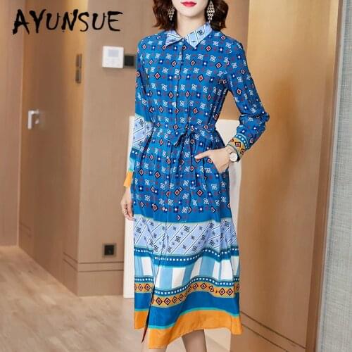 Real Silk Dress Women Print Beach Dress Spring Autumn Midi Dress Fashion Elegant Party Dress Vintage Vestido Mujer F5011 YY2526