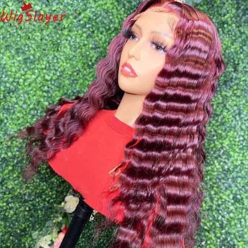 Preplucked Remy Human Hair Lace Front Wigs Burgundy Deep Wave 180% density13x6 Glueless Lace Front Wigs HD Transaprent Lace wigs
