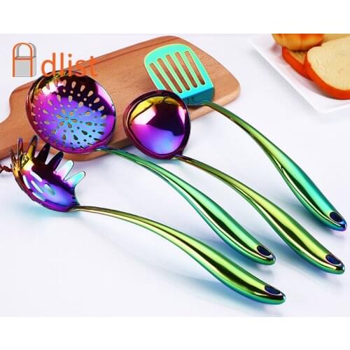 Rainbow Cookware Kitchen Utensils Stainless steel Cooking Kitchenware Set Restaurant Large Soup Ladle Colander Spoon Spatula
