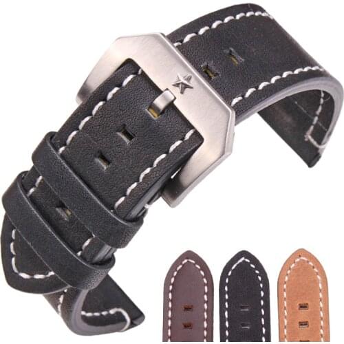 Genuine Leather Watch Band Strap 24mm Black Dark Brown Women Men Bracelet Belt With Silver Metal Pentagram Buckle For Panerai