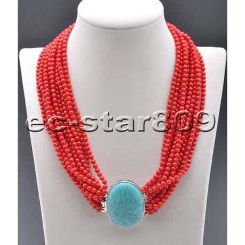 S2200 12Row 18" 4mm Red round Coral bead Necklace Turquoise