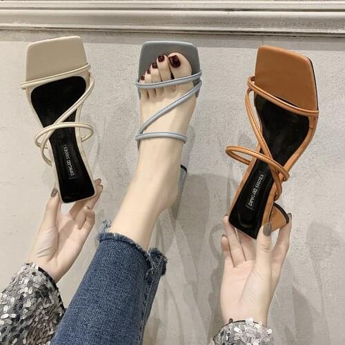 WEIBATE Summer Women Sandals Square Toe High Heel Sandals Slippers Slip On Open Toe Sandals Outdoor Slippers Narrow Band Slides