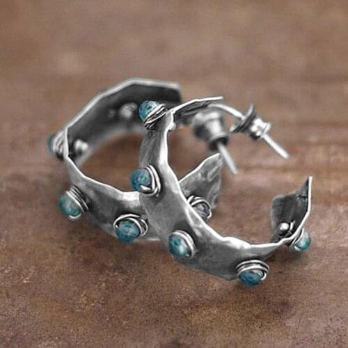 Bohemian Circle Blue Beads Stone Stud Earrings Tribal Jewelry Antique Silver Color Geometric Round Earrings Jewelry