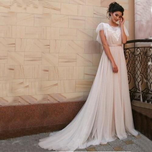 Boho Wedding Dress Sexy Open Back Lace Appliques Dot Tulle Bridal Gowns with Belt Princess Long Dress for Woman