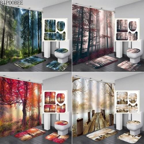 Tropical Forest Nature Scenery Bathroom Curtains Plants Trees Shower Curtain Set Bath Mats Rugs Toilet Lid Cover Non-Slip Carpet