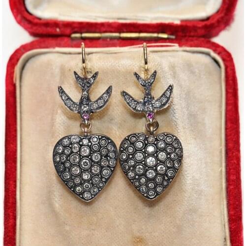 ANTIQUE STYLE 14K GOLD NEW MADE HEART BIRD NATURAL DIAMOND DECORATED EARRING