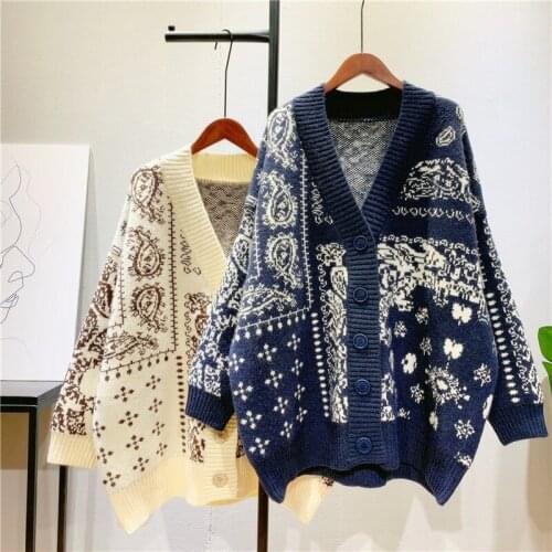 Vintage Oversized Cardigan Loose Long Sweater Jacket 2021 New Graffiti Jacquard Thick Cardigans Korean V-Neck Cardigan Sweater