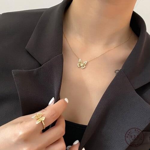 925 Sterling Silver Inlaid Crystal Hollow Butterfly Pendant Clavicle Chain Necklace Women Fashion Party Jewelry Accessories