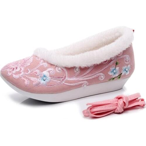 Women Phoenix Embroidery Shoes Traditional Chinese Old Peking Pearl Canvas New Year Princess Performance Wedges Cloth Shoes