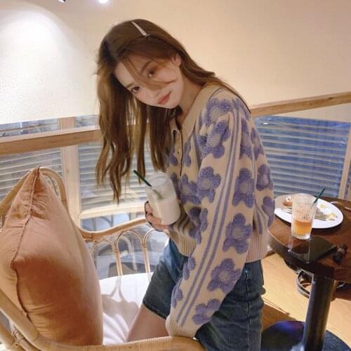 2020 New Winter Korean Casual Loose Sweet Knit Sweater POLO Collar Loose Flower Pullover Puff Sleeve Sweater Woman Femme