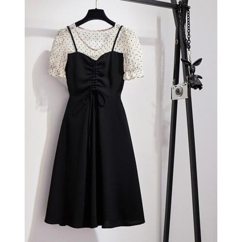Women Dress Vestidos Black Fake Two Pieces Dot Patchwork Short Sleeve O-neck Knee-length A-line Sukienki Plue Size 4XL
