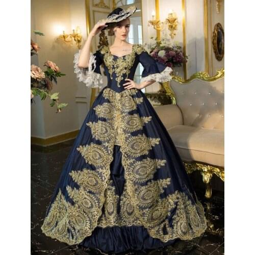 Blue Vintage Victorian costume dress short sleeve tunic retro womens Princess floral Ball Gown prom party Maxi Dresses