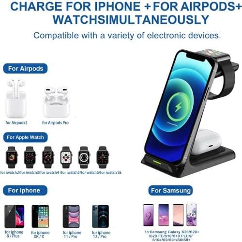 3in1 QI Wireless Charger Stand 15W Fast Charging Desktop Induction Holder for Samsung iPhone iPad iWatch Apple Watch Airpods