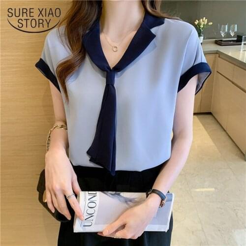 Office Lady Blue Blouse Fashion Tie Shirt Women Tops Loose Short Sleeve Chiffon Shirt OL Style V-neck Solid Korean Clothes 15072