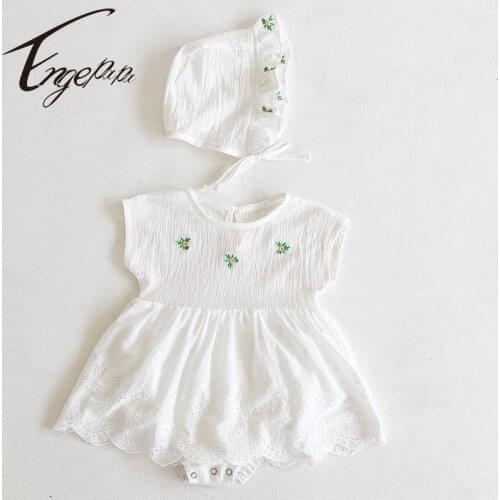 Engepapa Infant Baby Girls Cotton Sleeveless Embroidery Dress Bodysuits+Hat Summer Newborn Baby Girls Jumpsuit