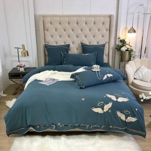 European Style Blue Cotton Embroidery Luxury wedding Bedding set King Queen size Duvet Cover Pillowcase Bedsheet 4pcs #a
