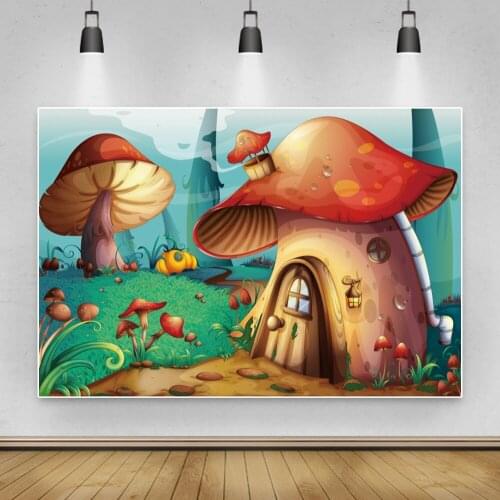 Laeacco Baby Cartoon Photography Backdrops Fairytale Forests Mushroom House Room Baby Portrait Photography Backgrounds Photozone