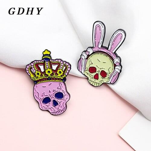 GDHY Punk Skull Brooch Yellow Rabbit skull Pink King Crown Skeleton Enamel Pin Lapel Backpack Badge Jewelry Gift Wholesale