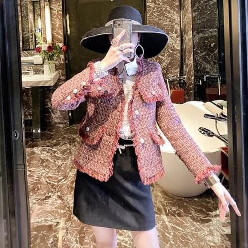 Korean high quality Spring Women Tweed Jackets New Ladies Pearl buttons Tassel Long Sleeve Red Single Breasted V Neck Coats