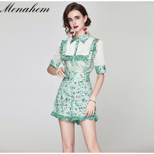 Menahem Summer Holiday Green Flower Print Bronzing Two Piece Set Blouses+Suspenders Pleats Shorts 2PCS Girls Ruffles Top Suits