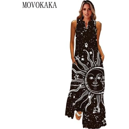 MOVOKAKA Black Moon Star Print Dress 2021 Elegant Summer Beach Casual Plus Size Dresses Woman Sleeveless Girls Long Dress Women