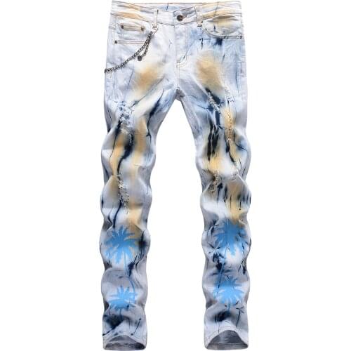Mens Coconut Palm Printed Ripped Jeans with Chain Streetwear Tie and Dye Holes Slim Stretch Denim Pants Trousers