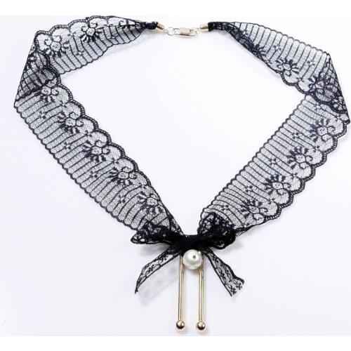 New Elegant Woman Lace Necklace Fancy Vintage Fabric Bowknot Alloy Tassel Simulated Pearl Choker Necklaces Fashion Jewelry