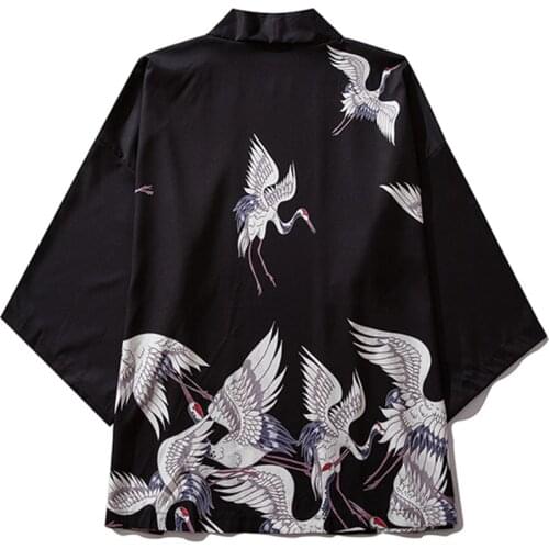 Women Haori Hombre Yukata Japanese Traditional Clothing Crane Anime Kimono Dress Shirts Man Cardigan Shirt Robe Black Jacket