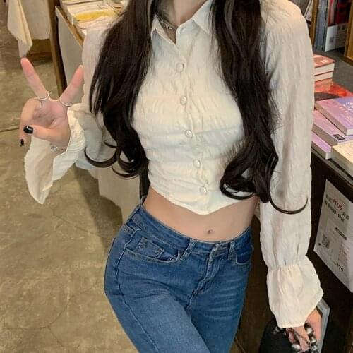 French Retro Puffs Sleeve Shirt Women Summer Autumn Polo Collar Long Sleeve Bow Bandage Sexy Backless Single Breasted Blouse