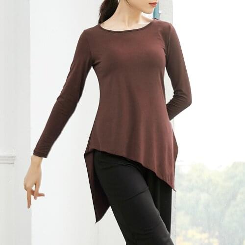 Spring Autumn Women Dance Tunic Tops Asymmetrical Hemline Shirts Long Sleeve Shirt Top O-Neck Solid Flowy T-Shirts